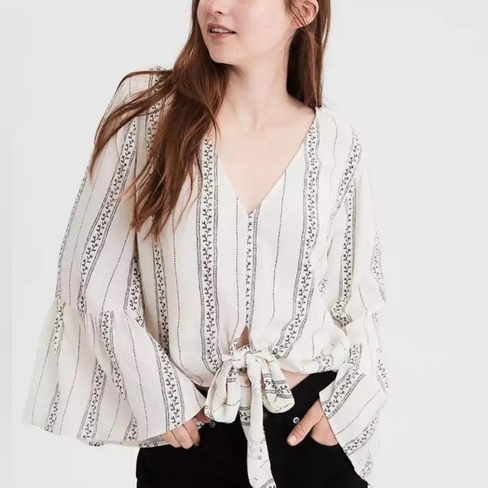 American Eagle Boho Bell Sleeved Tie-Front Top